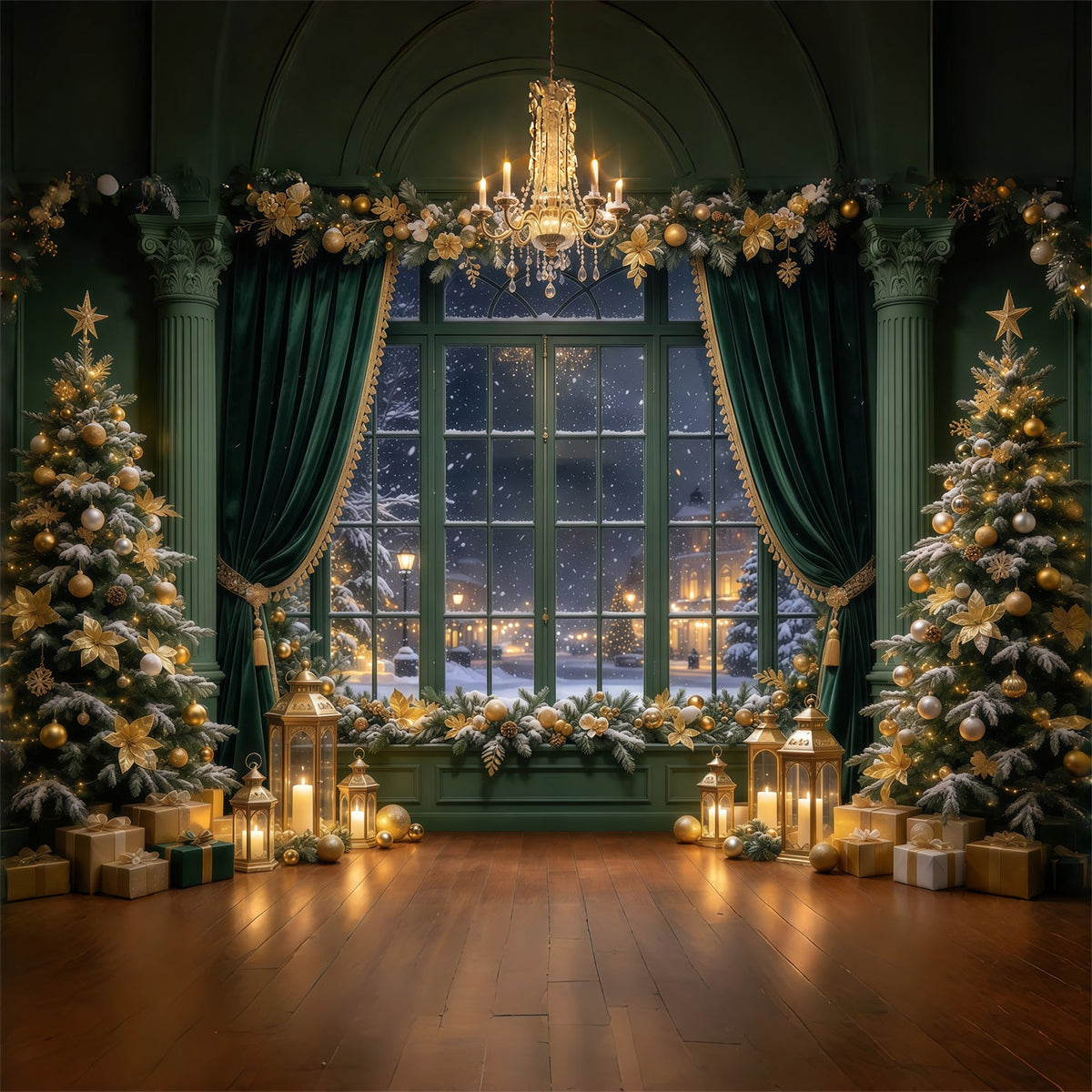 Fond De Noël Rideau Émeraude Fenêtre Dorée GQ69-89