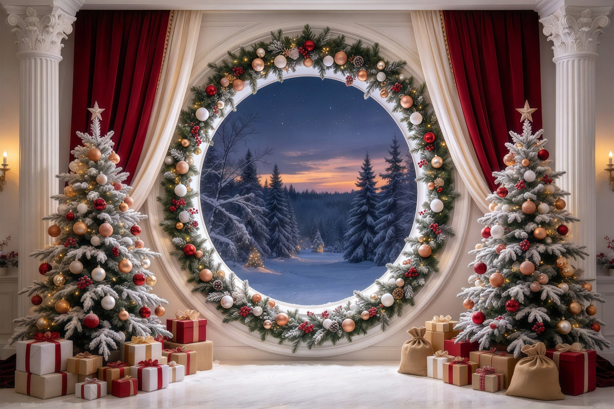 Fond De Noël Fenêtre Ronde Forêt Guirlande GQ69-90