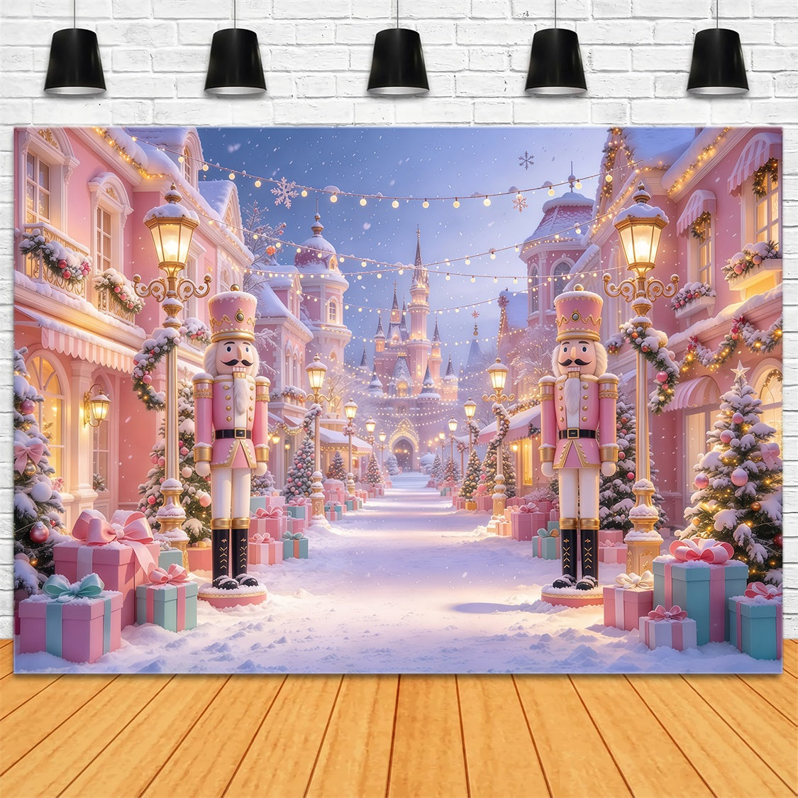 Fond Photo De Noël Château Casse-Noisette Rue Rose Colorée GQ69-92