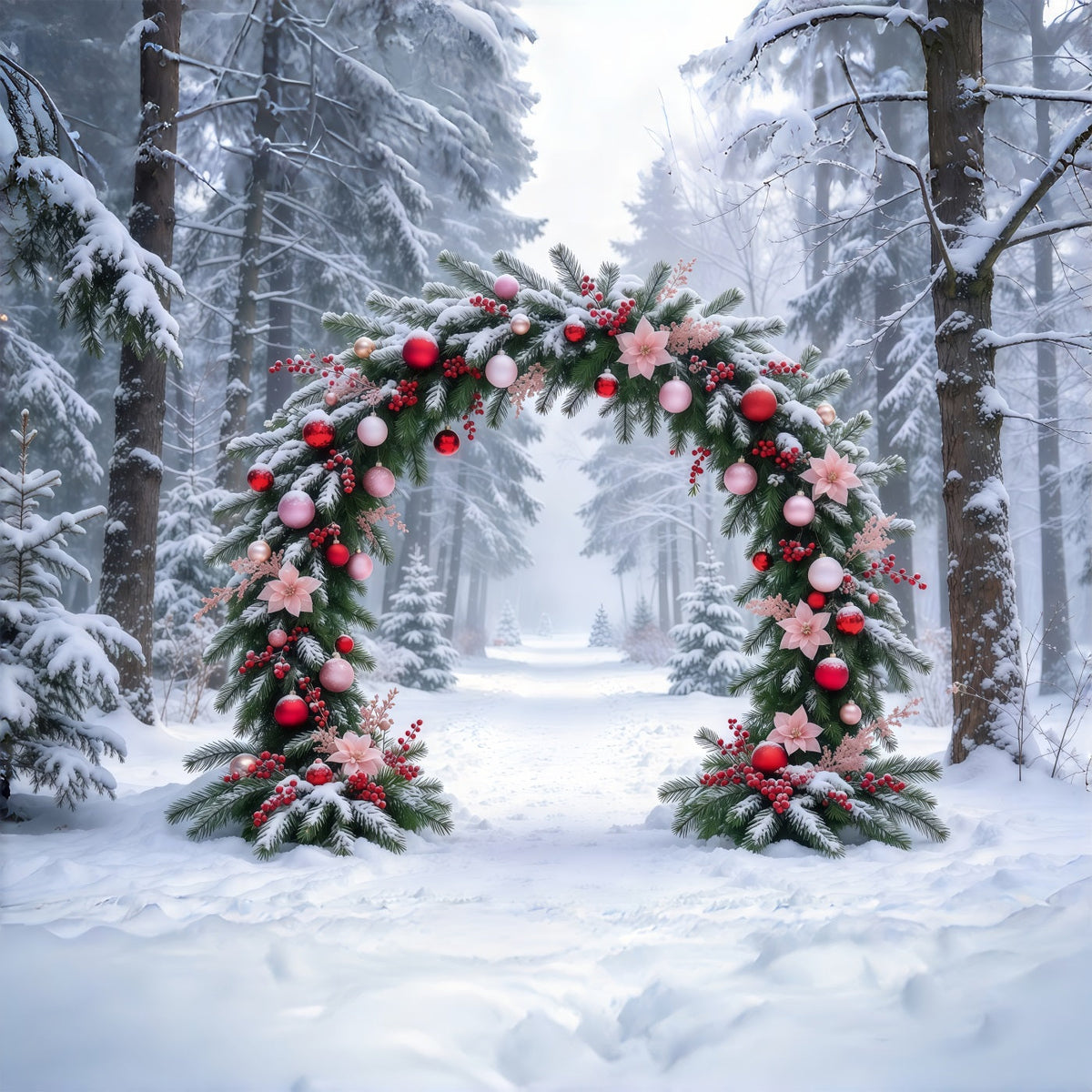 Fond Photo Sapin De Noël Arche Florale Rose Enneigée GQ69-93