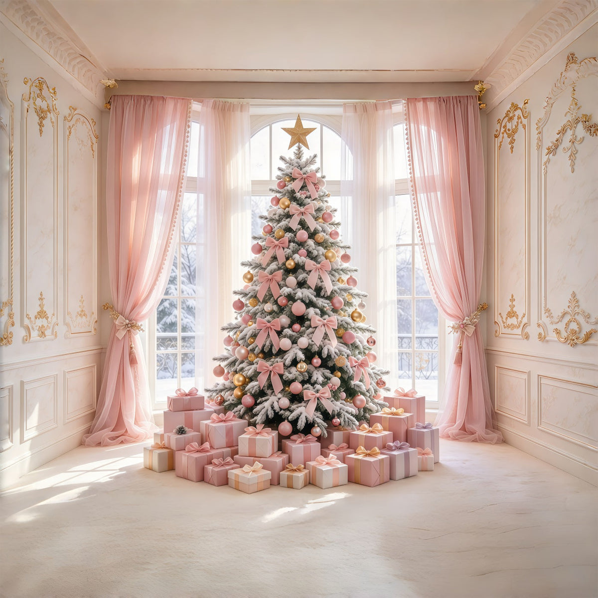 Fond Photo De Noël Sapin Cadeaux Nœud Rose Poudré GQ69-94