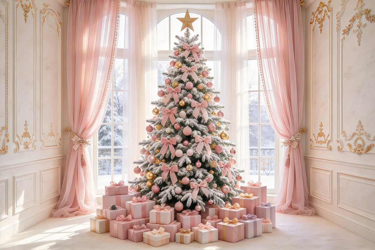 Fond Photo De Noël Sapin Cadeaux Nœud Rose Poudré GQ69-94