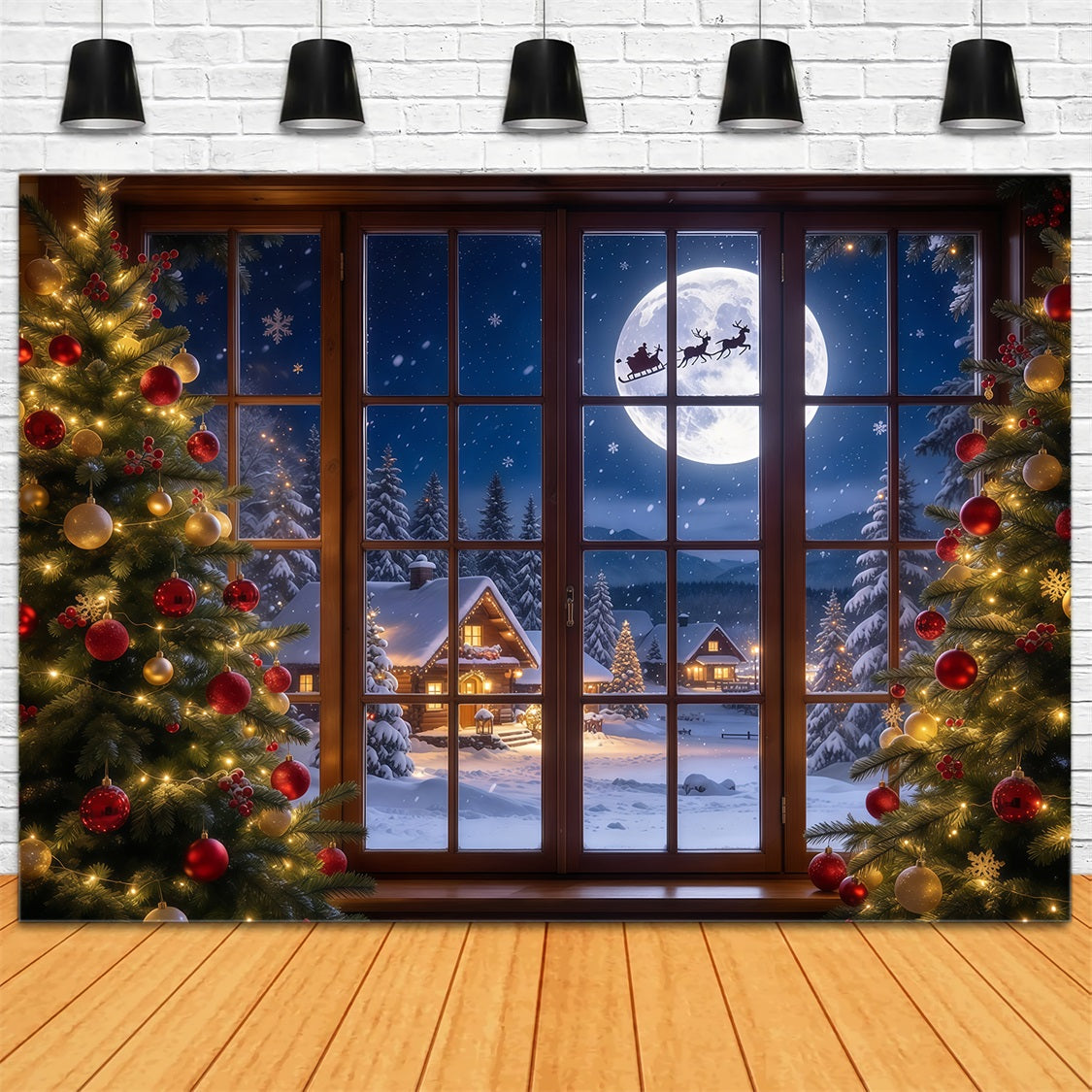 Fond De Noël Fenêtre Traîneau Père Noël Au Clair De Lune GQ69-95