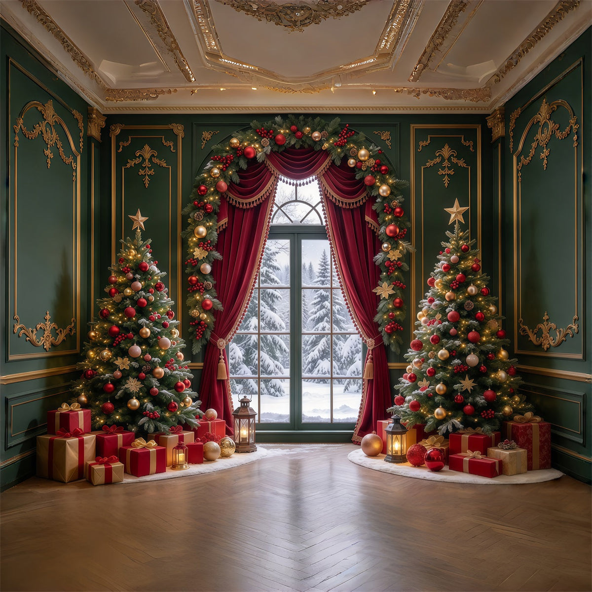 Fond Photo De Noël Rideau Émeraude Rouge Décor Tissu GQ69-96