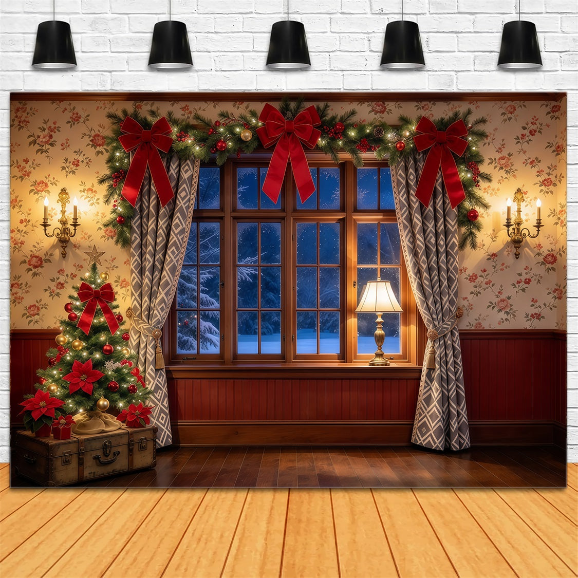 Fond Photo De Noël Fenêtre Nœud Chaleureux Décor Festif GQ69-97
