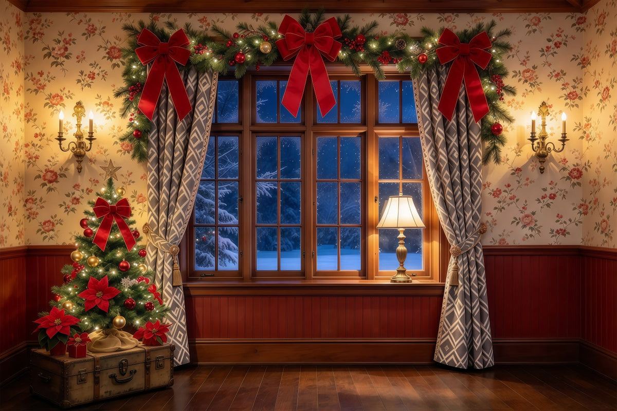Fond Photo De Noël Fenêtre Nœud Chaleureux Décor Festif GQ69-97