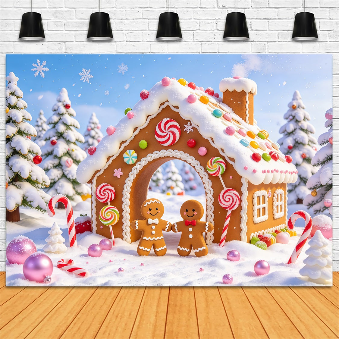 Fond De Noël Bonbons Sucre Cottage Enneigé Bonhomme Pain D'Épices GQ69-99