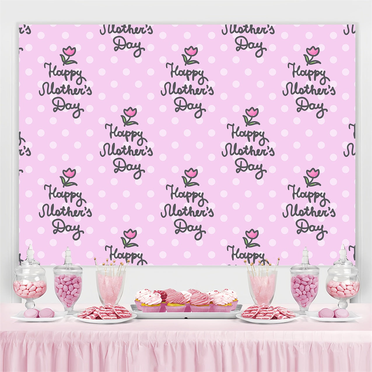 Toile de fond Fête des Mères Personnalisable Pois Roses Tulipes CJJ3-177