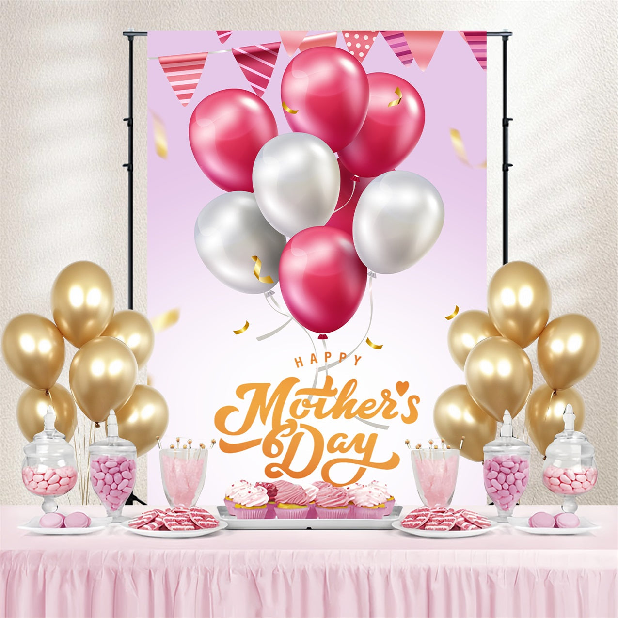 Toile de fond Fête des Mères Personnalisable Ballons Argent Rose CJJ3-209