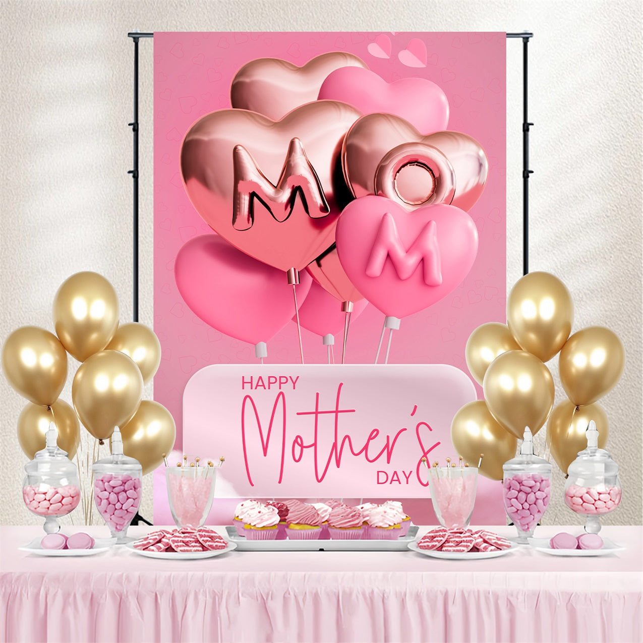 Toile de fond Fête des Mères Personnalisable Ballons Cœur Roses CJJ3-210