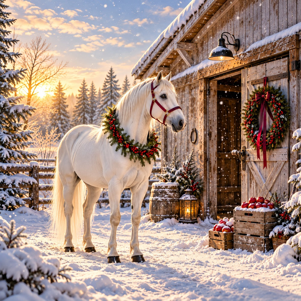 Fond De Noël Western Cheval Blanc Grange Festive HQ610-152