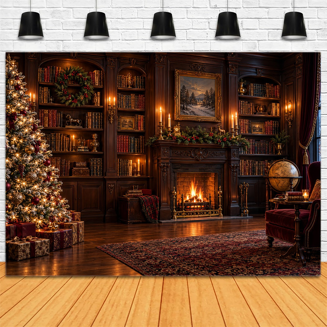 Fond De Noël Victorien Bibliothèque Vintage Cheminée HQ610-158