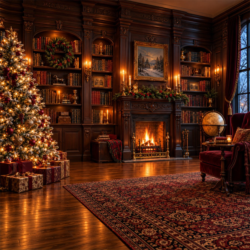 Fond De Noël Victorien Bibliothèque Vintage Cheminée HQ610-158
