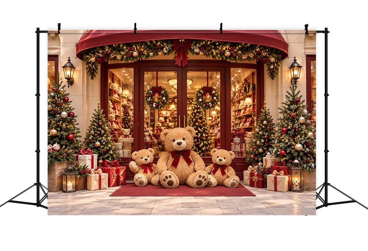 Fond Boutique De Noël Vitrine Festive Ours En Peluche HQ610-161