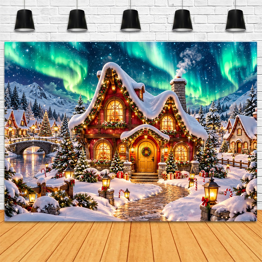 Fond Elfe De Noël Aurore Boréale Cottage Enneigé HQ610-162