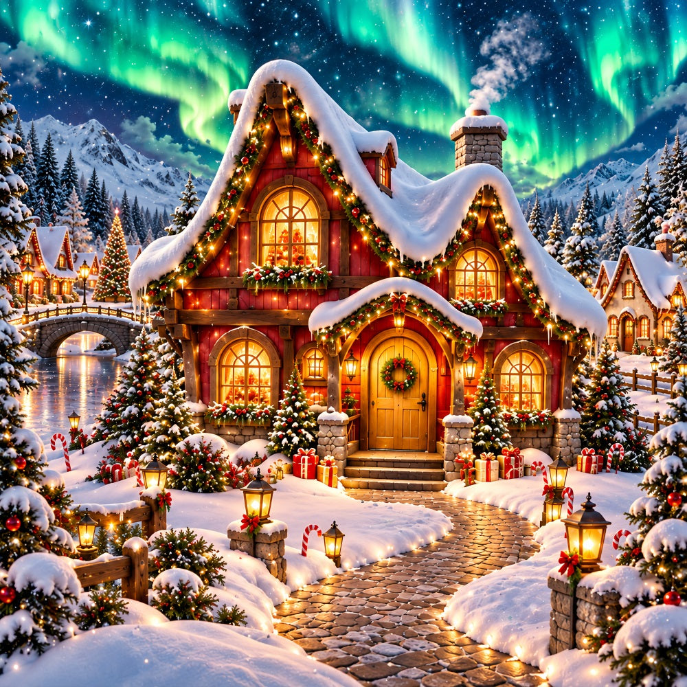 Fond Elfe De Noël Aurore Boréale Cottage Enneigé HQ610-162