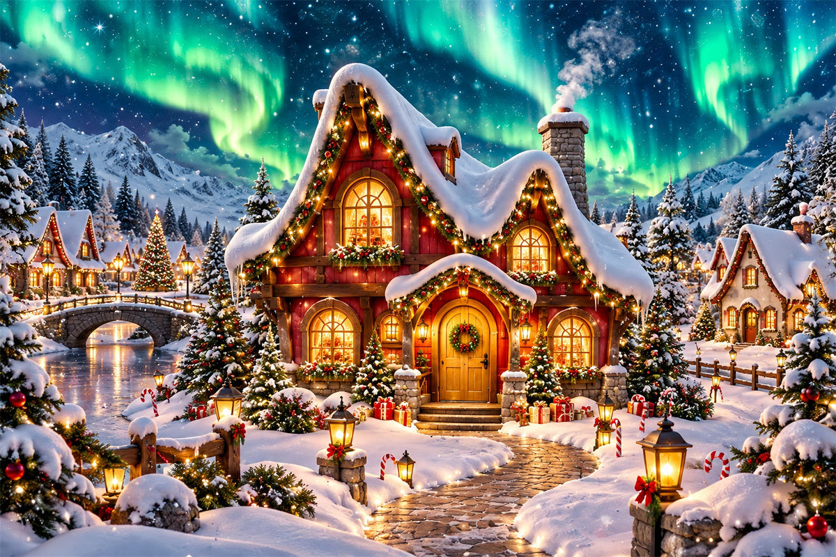 Fond Elfe De Noël Aurore Boréale Cottage Enneigé HQ610-162