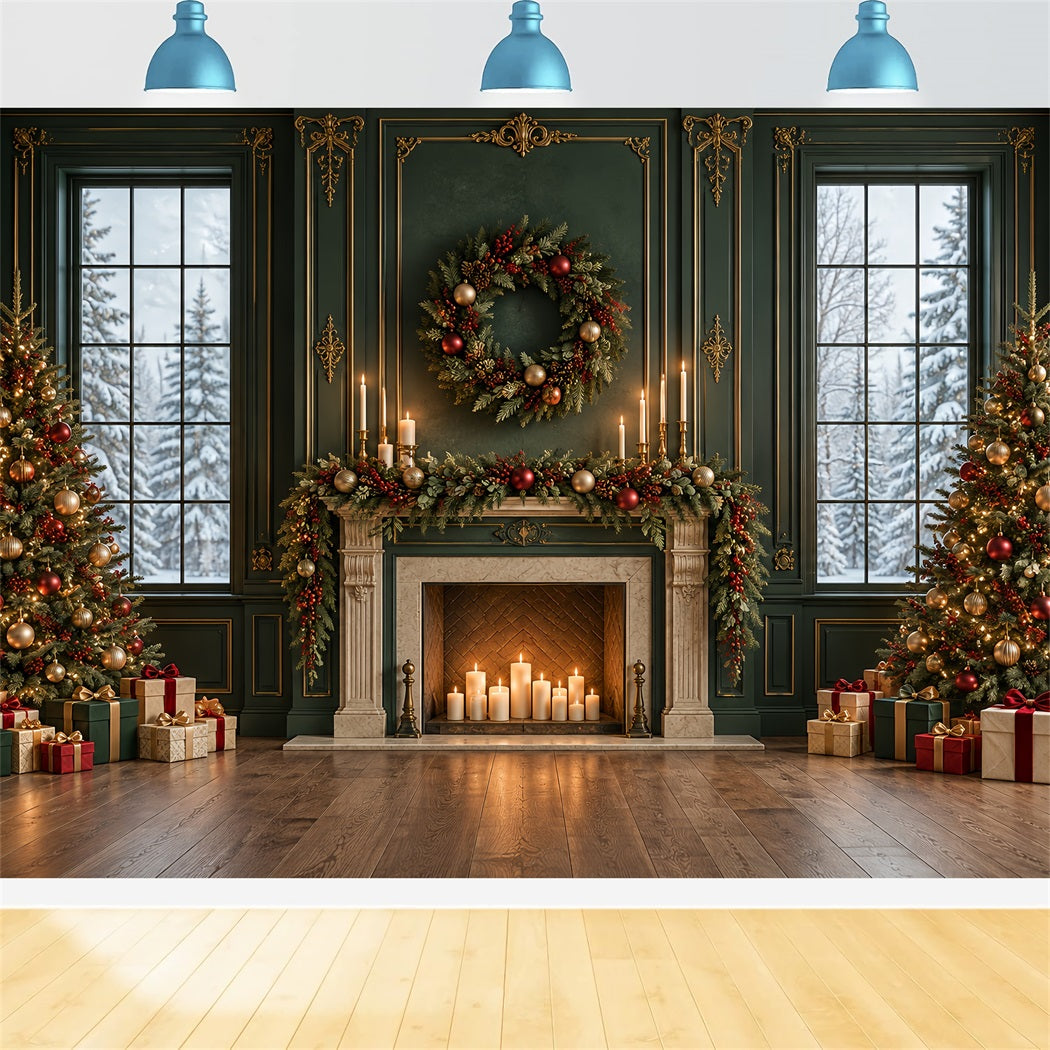 Fond De Noël Salon Cheminée Émeraude Guirlande Dorée HQ610-163