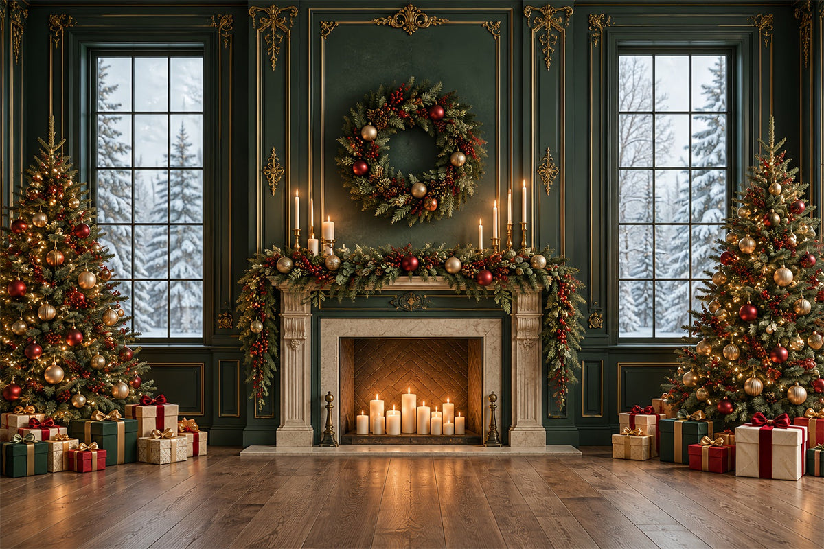 Fond De Noël Salon Cheminée Émeraude Guirlande Dorée HQ610-163
