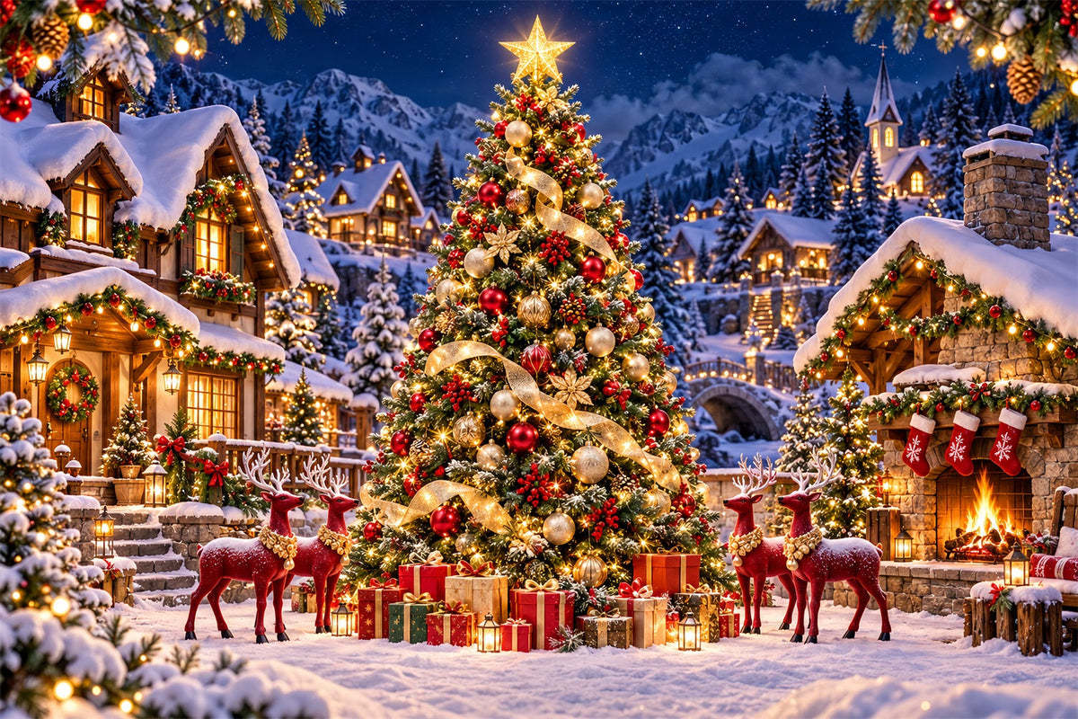 Fond De Noël Rétro Village Rennes Sapin Doré HQ610-165