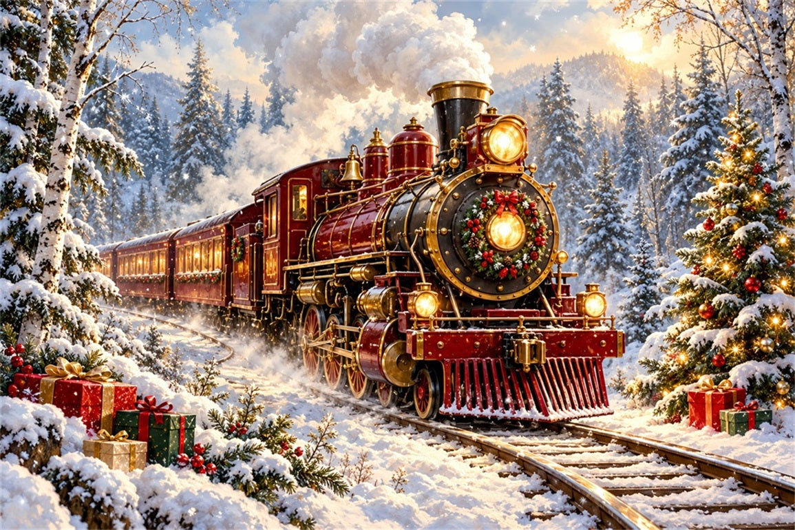 Fond De Noël Locomotive Bordeaux Forêt Enneigée Village HQ610-167
