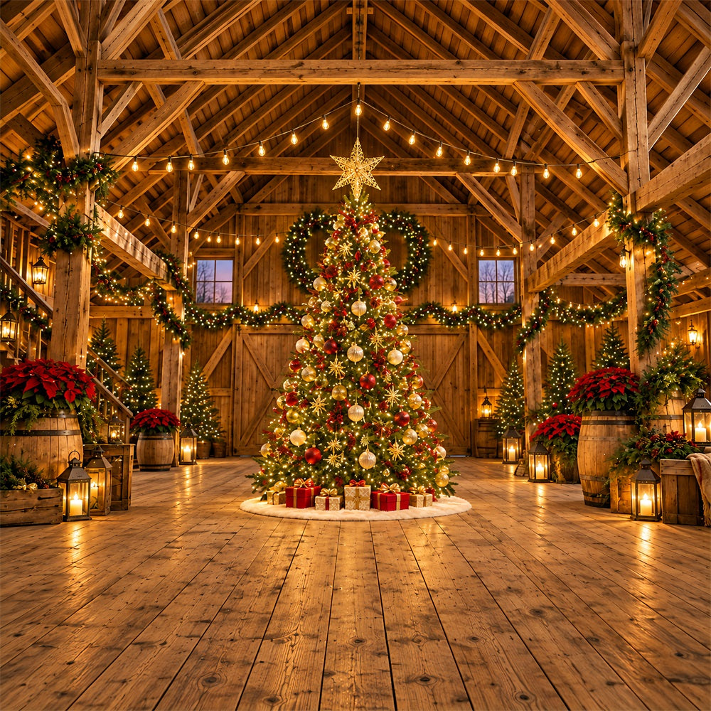 Fond Photo De Noël Grange Rustique Sapin Doré HQ610-169
