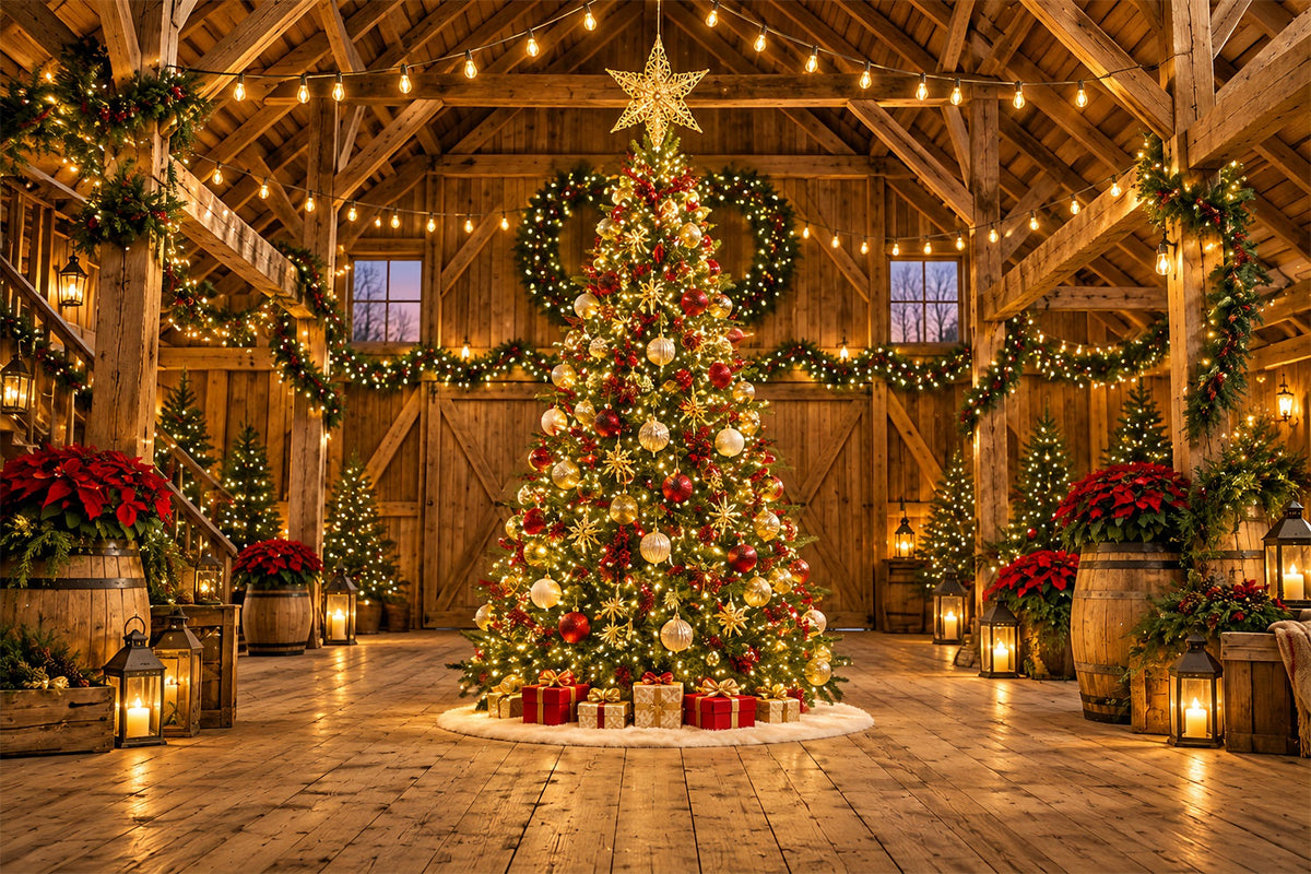 Fond Photo De Noël Grange Rustique Sapin Doré HQ610-169