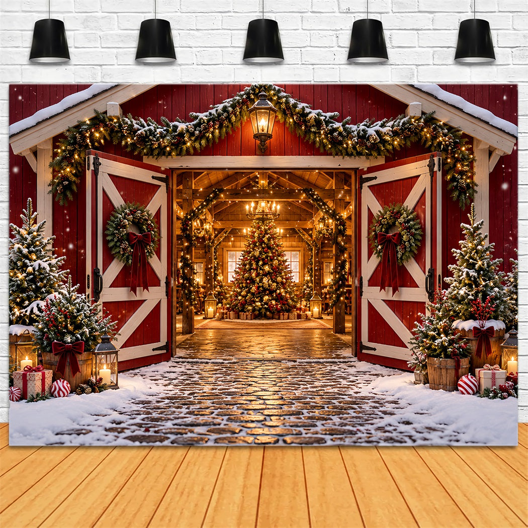 Fond Photo Ferme De Sapins Entrée Grange Rouge Festive HQ610-172