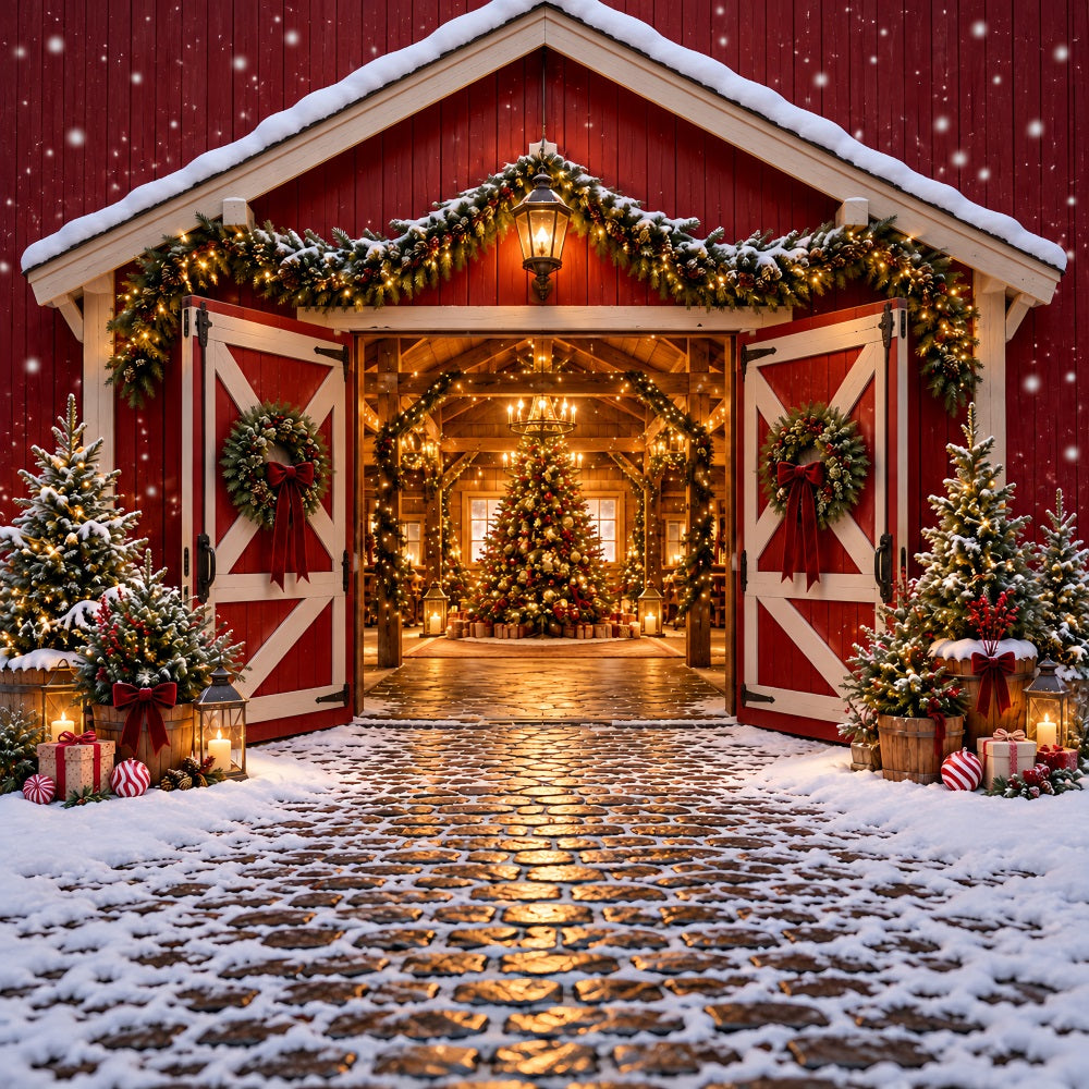 Fond Photo Ferme De Sapins Entrée Grange Rouge Festive HQ610-172