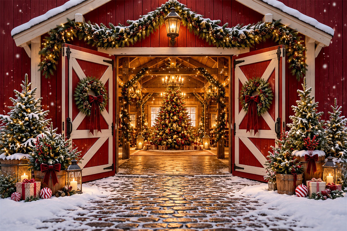 Fond Photo Ferme De Sapins Entrée Grange Rouge Festive HQ610-172