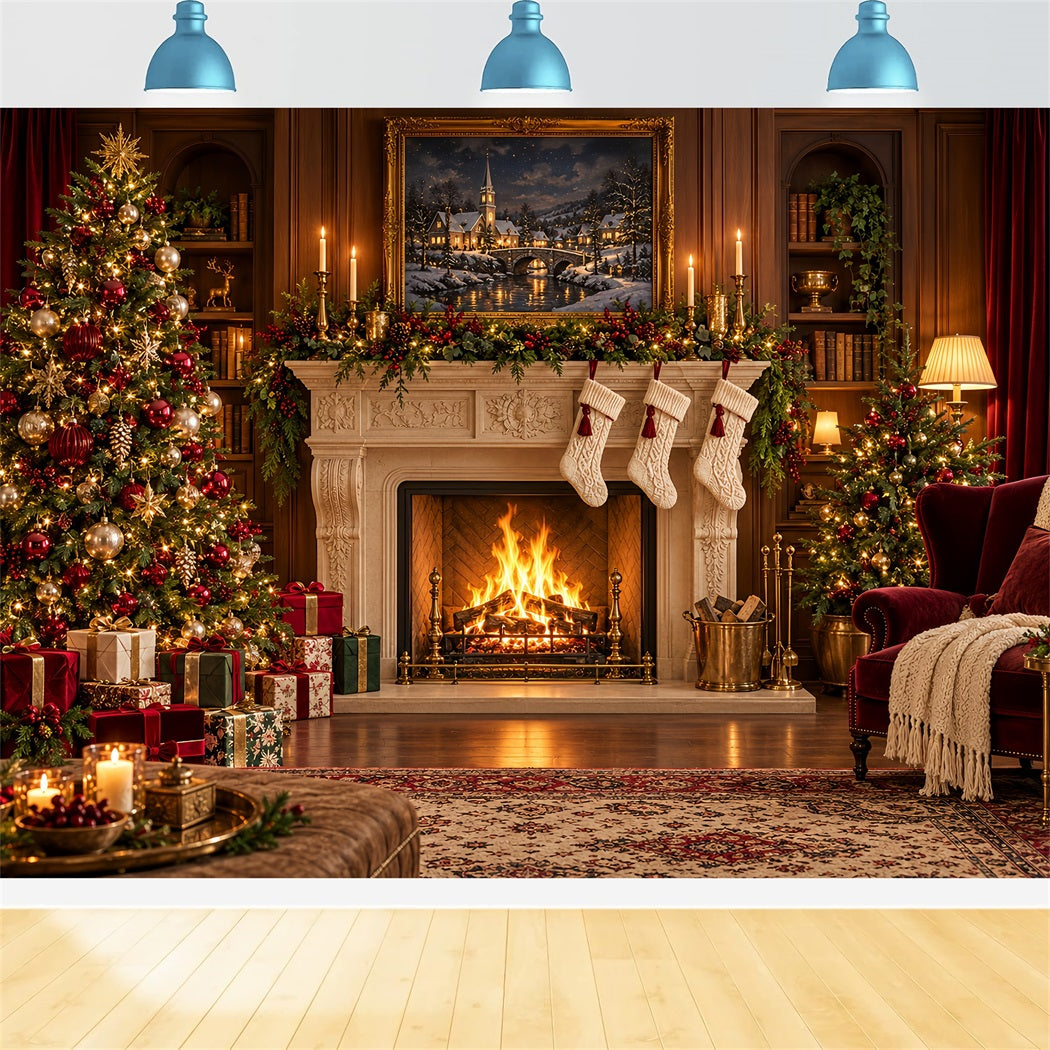 Fond Photo Père Noël Cheminée Classique Présentoir Chaussettes HQ610-179