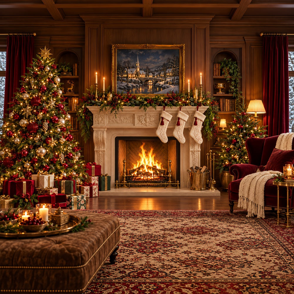 Fond Photo Père Noël Cheminée Classique Présentoir Chaussettes HQ610-179