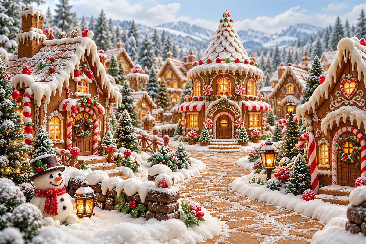 Fond De Noël Village Cottage Bonbons Enneigé HQ610-185