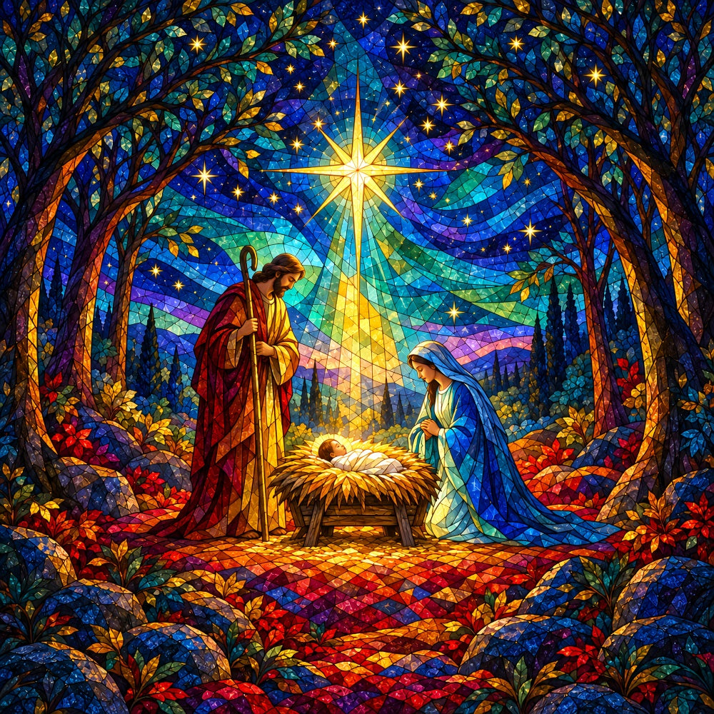 Fond De Crèche De Noël Vitrail Étoile Bethléem HQ610-187
