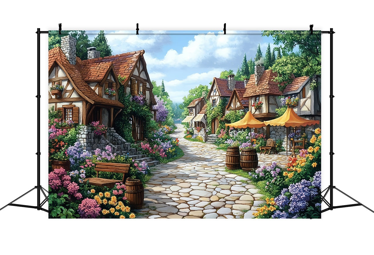 Toile de fond Printemps Sentier de Fleurs Village Cozy LXX1-10