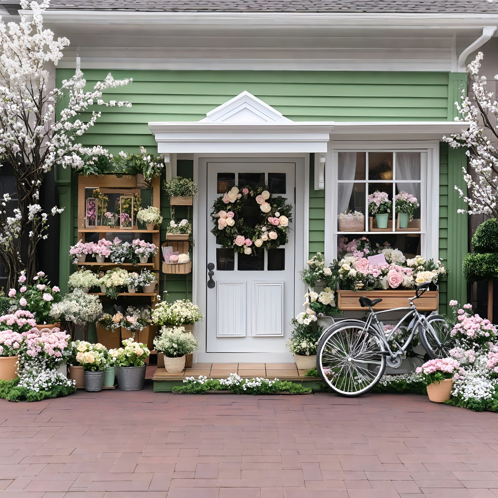 Fond Photo Printemps Maison Verte Fleurs Épanouies LXX1-118