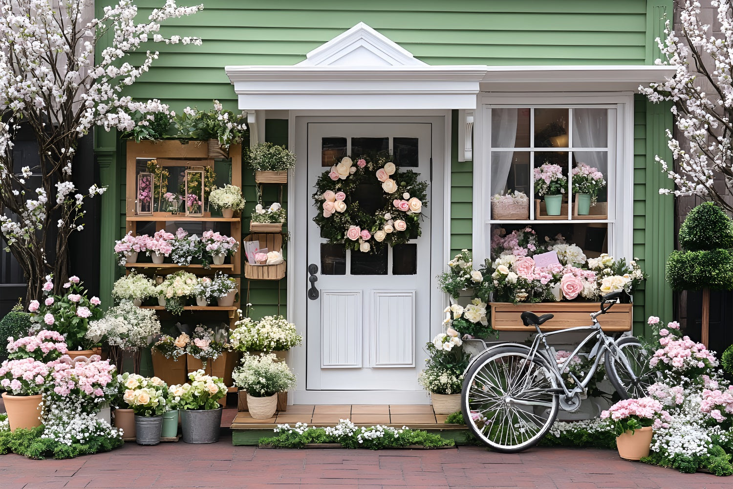 Fond Photo Printemps Maison Verte Fleurs Épanouies LXX1-118