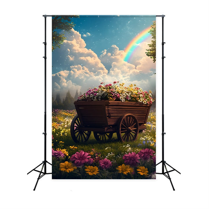 Toile de fond Printemps Chariot Bois Fleurs Arc-en-Ciel LXX1-133