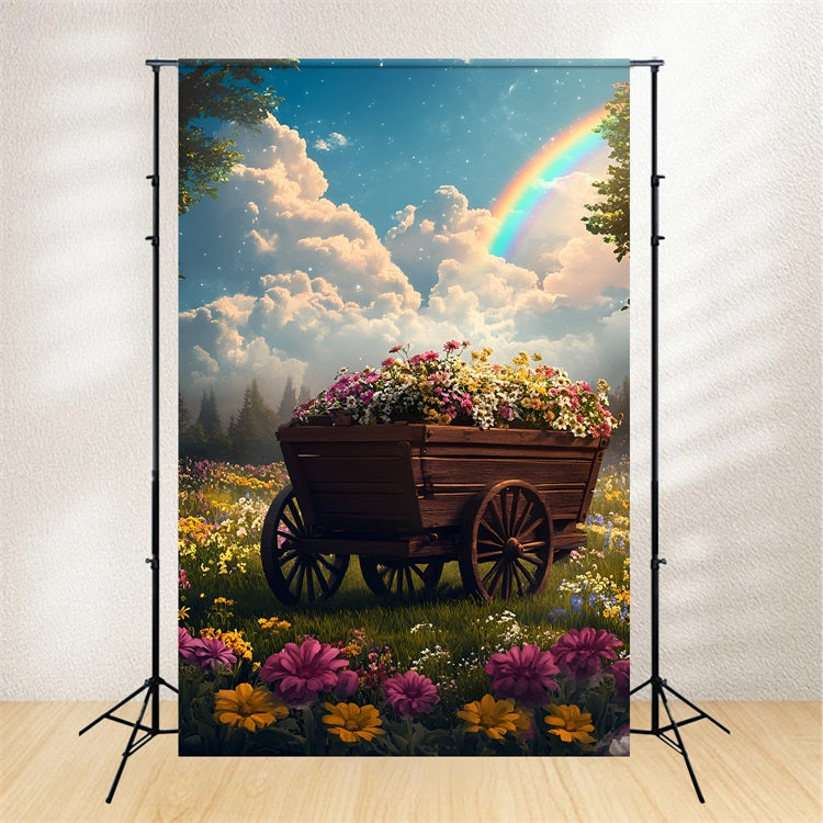 Toile de fond Printemps Chariot Bois Fleurs Arc-en-Ciel LXX1-133