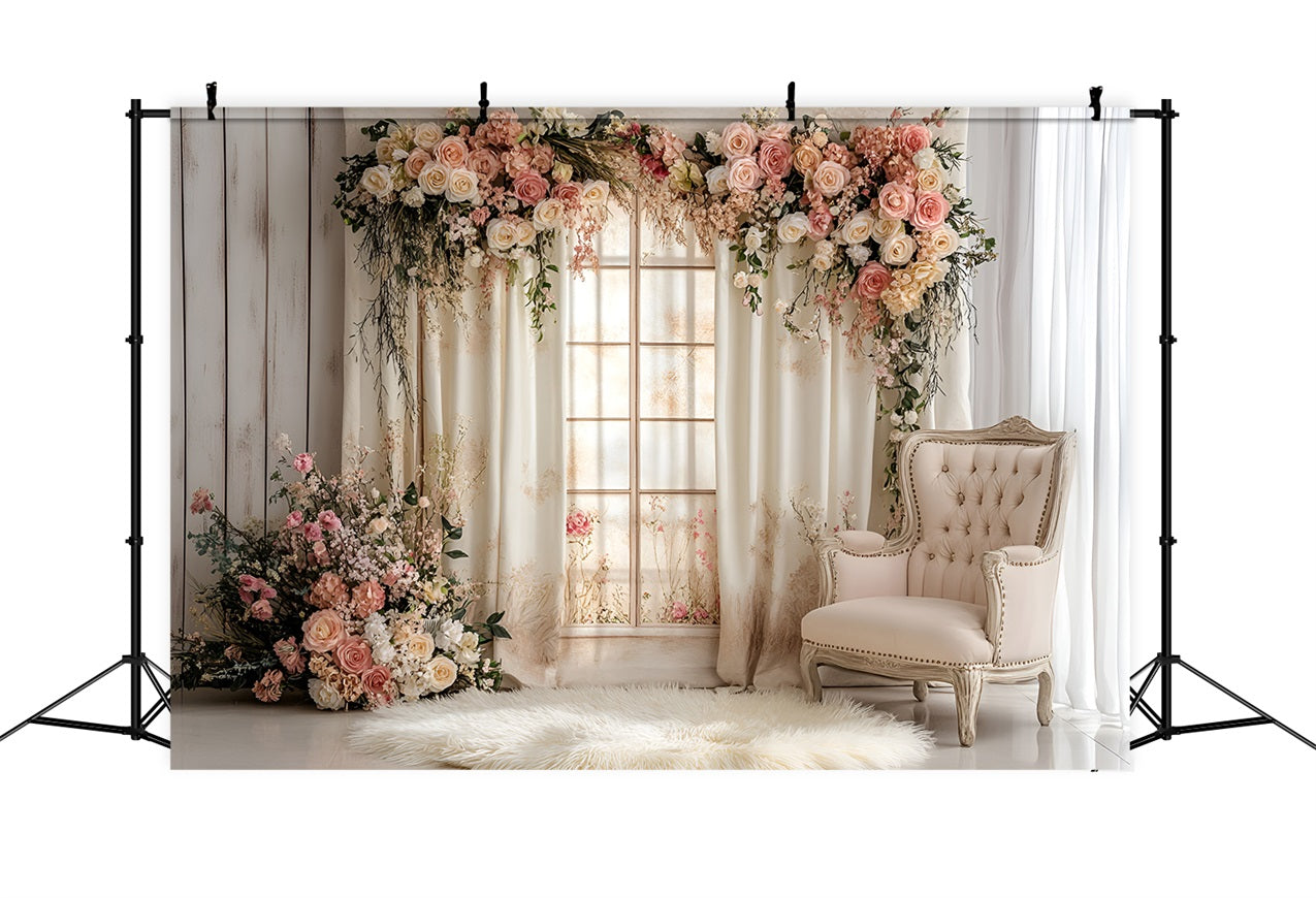 Toile de fond Printemps Rideaux Blancs Roses Photographie LXX1-142