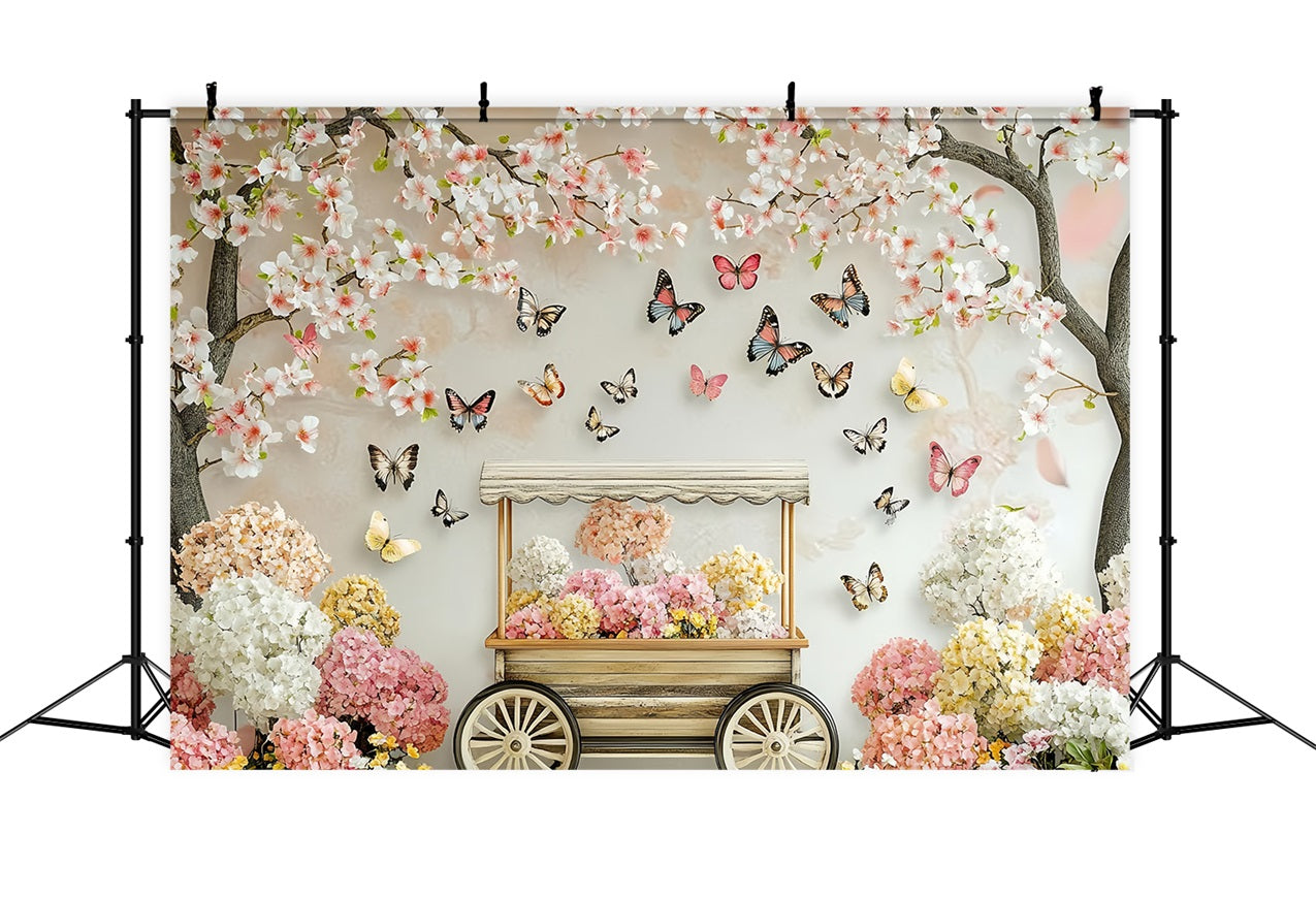 Toile de fond Printemps Fleurs Épanouies Cerisier Papillon Chariot LXX1-20