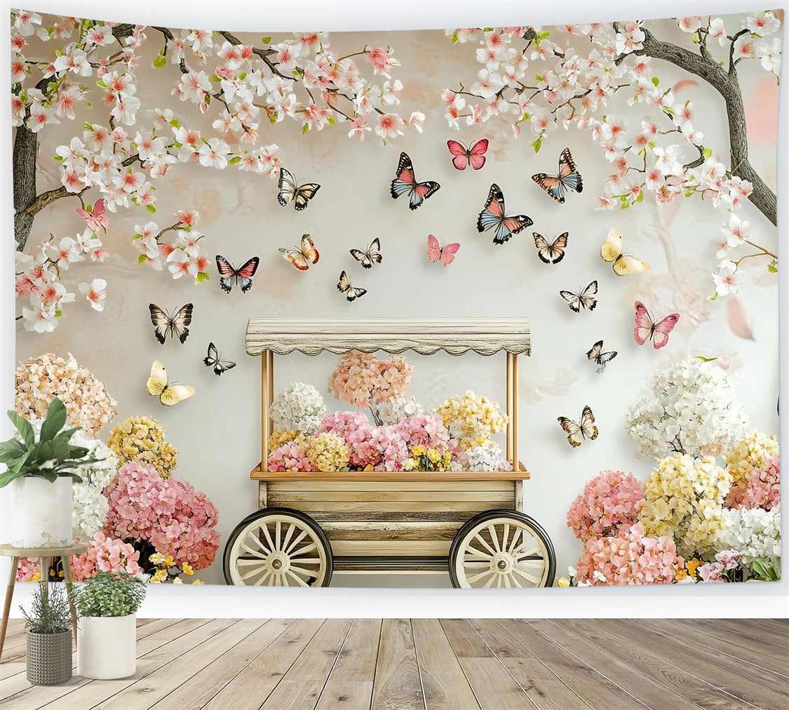 Toile de fond Printemps Fleurs Épanouies Cerisier Papillon Chariot LXX1-20