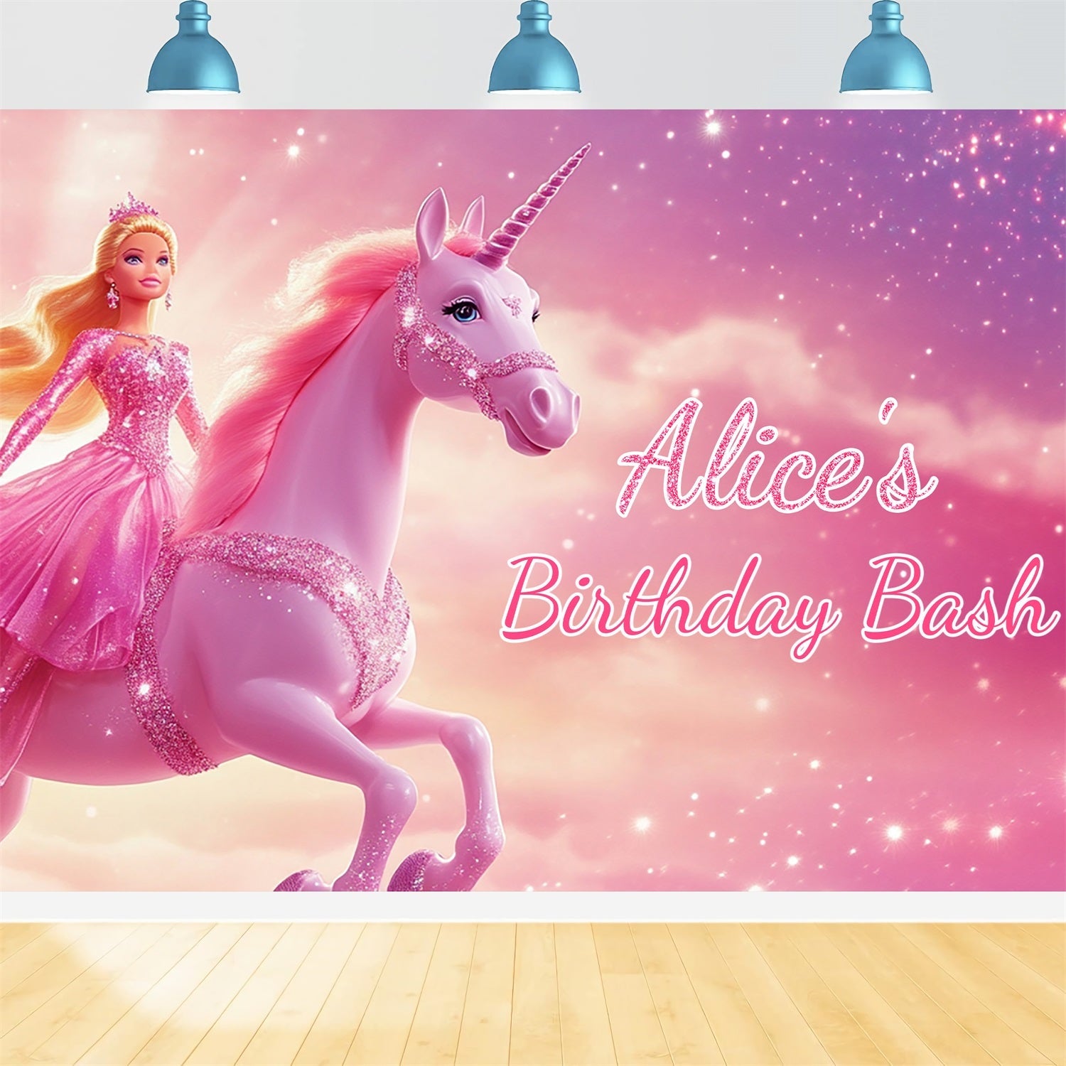 Toile de fond Anniversaire Personnalisable Barbie Alice Licorne LXX1-205