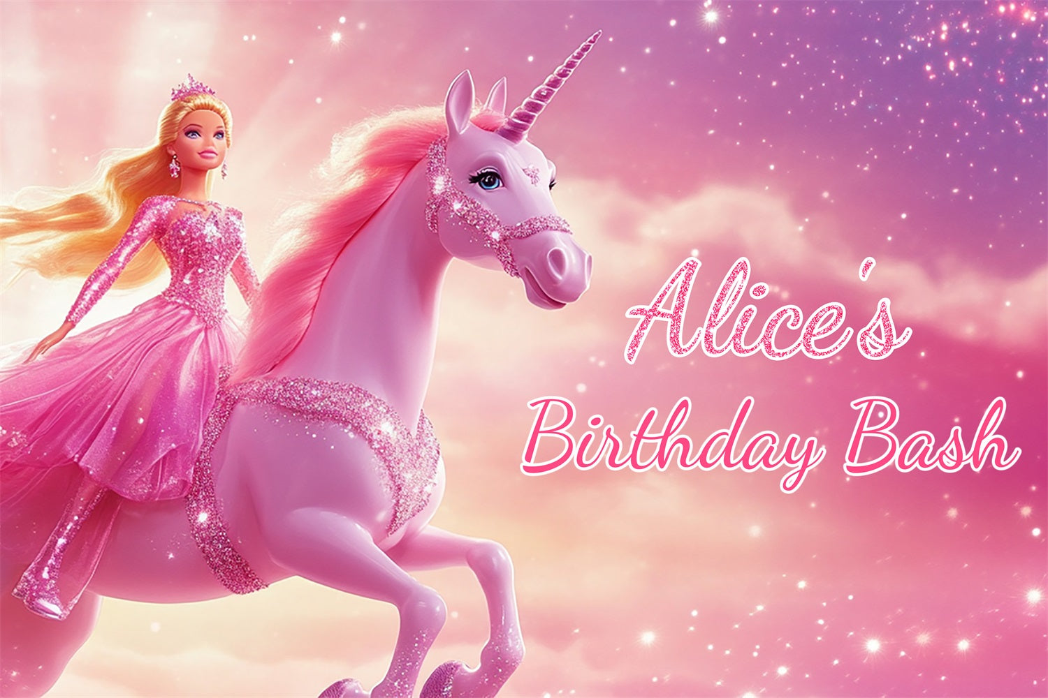 Toile de fond Anniversaire Personnalisable Barbie Alice Licorne LXX1-205