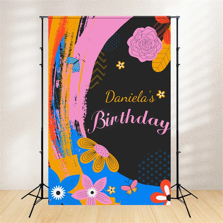 Toile de fond Anniversaire Personnalisable Fleurs Colorées Papillon LXX1-227