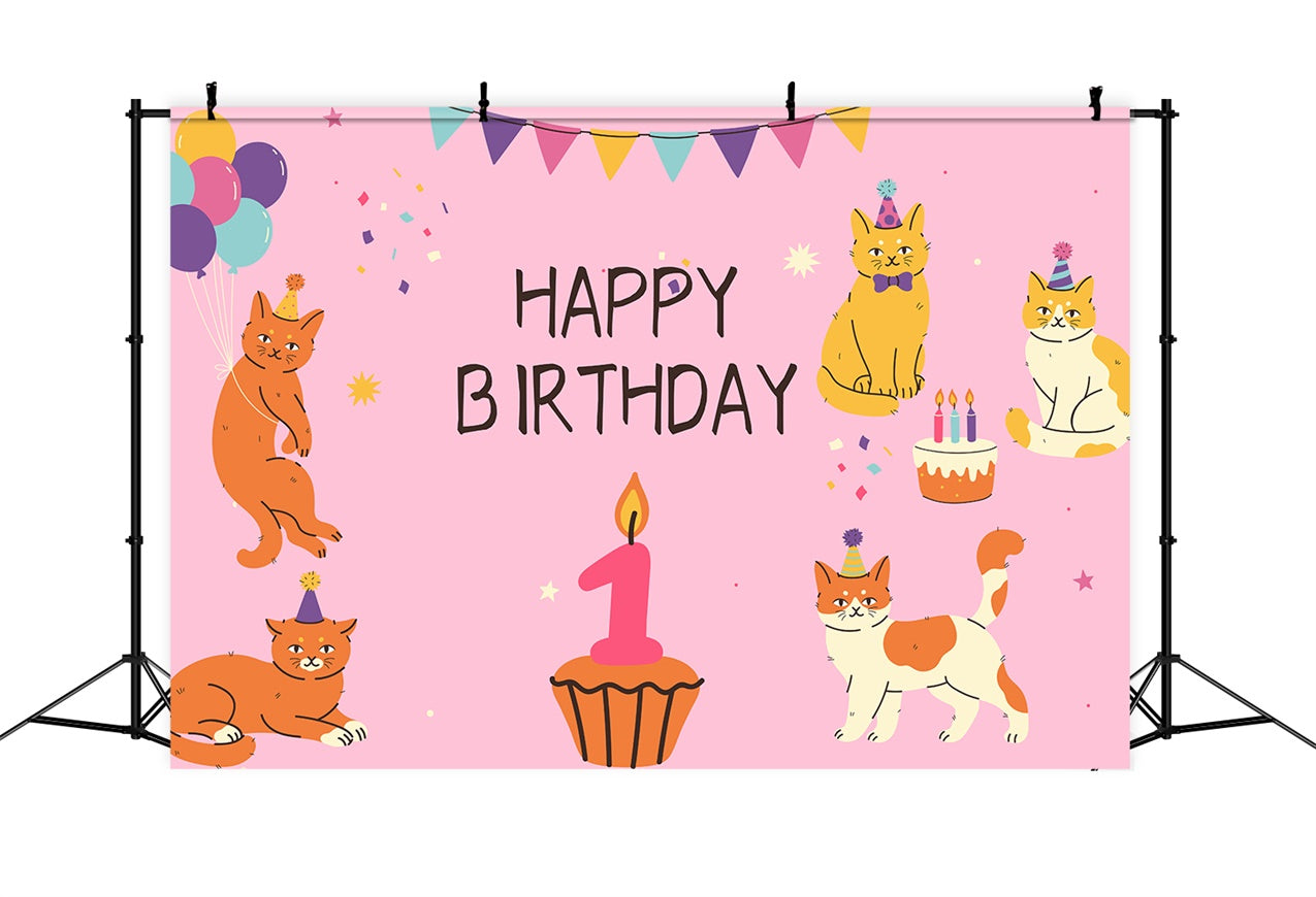 Fond Anniversaire Personnalisable 1er Anniversaire Fête Chats Ballons LXX1-245