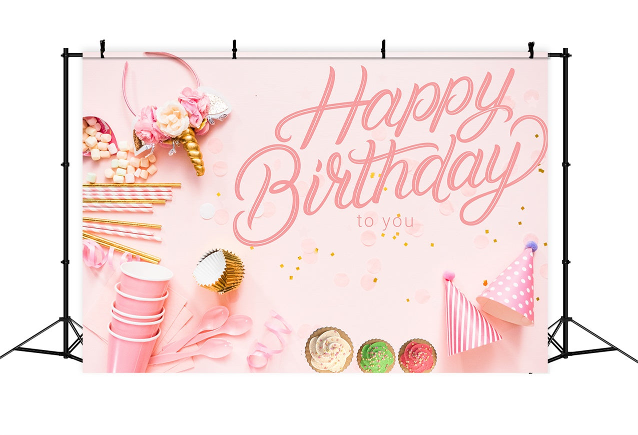 Toile de fond Anniversaire Personnalisable Cupcake Fête Photo Rose LXX1-249