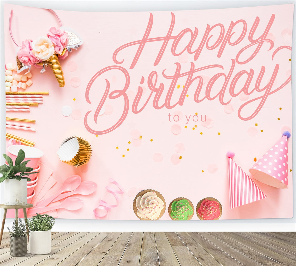 Toile de fond Anniversaire Personnalisable Cupcake Fête Photo Rose LXX1-249