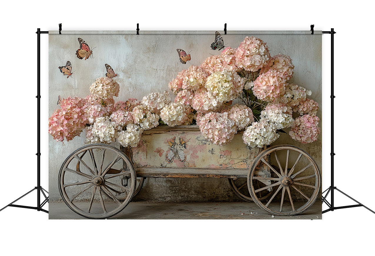 Toile de fond Printemps Chariot Papillon Hortensia Rose LXX1-5