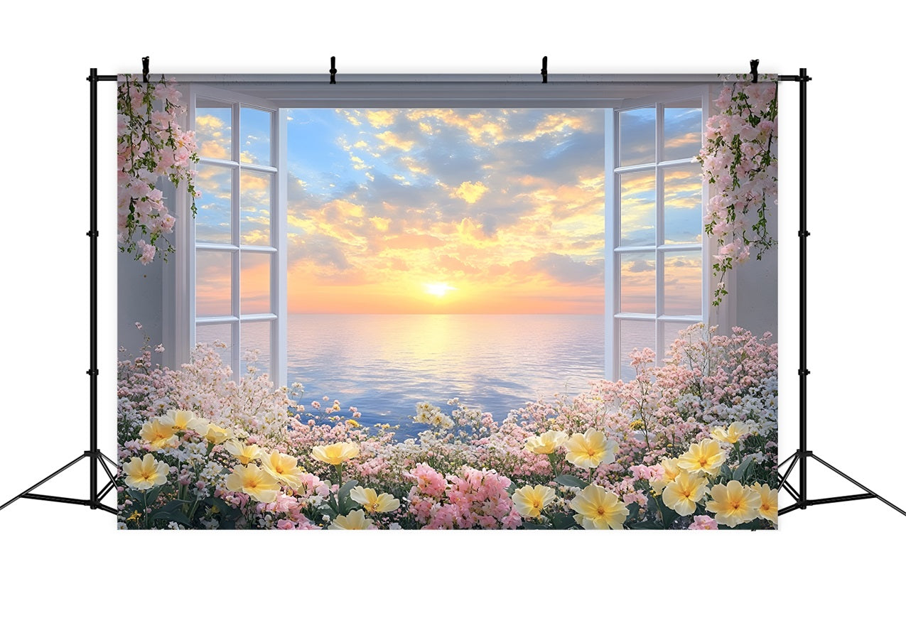 Fond Paysage Printemps Fenêtre Florale Vue Coucher de Soleil LXX1-71